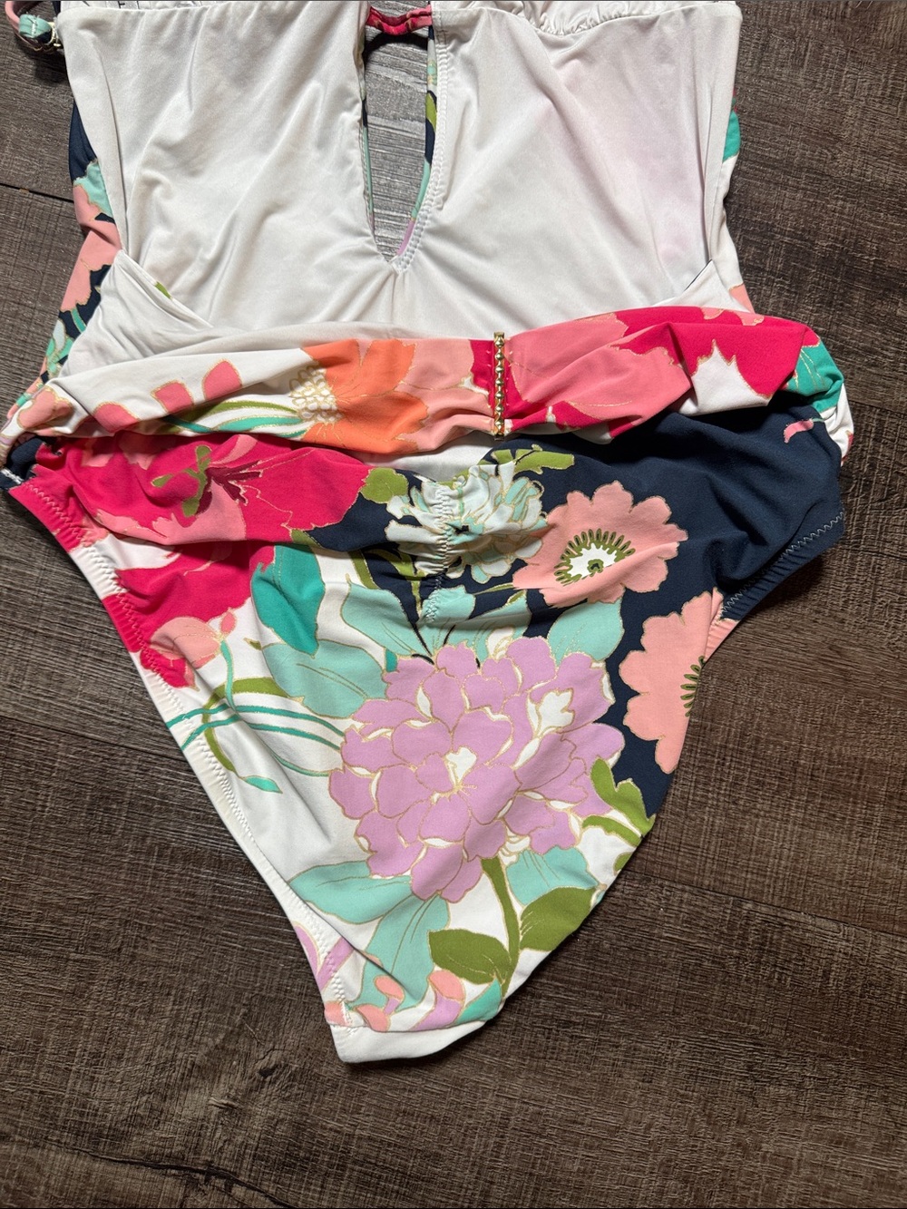 Trina Turk Navy White Pink Coral Floral Halter One-Piece Swimsuit - Picture 5 of 7